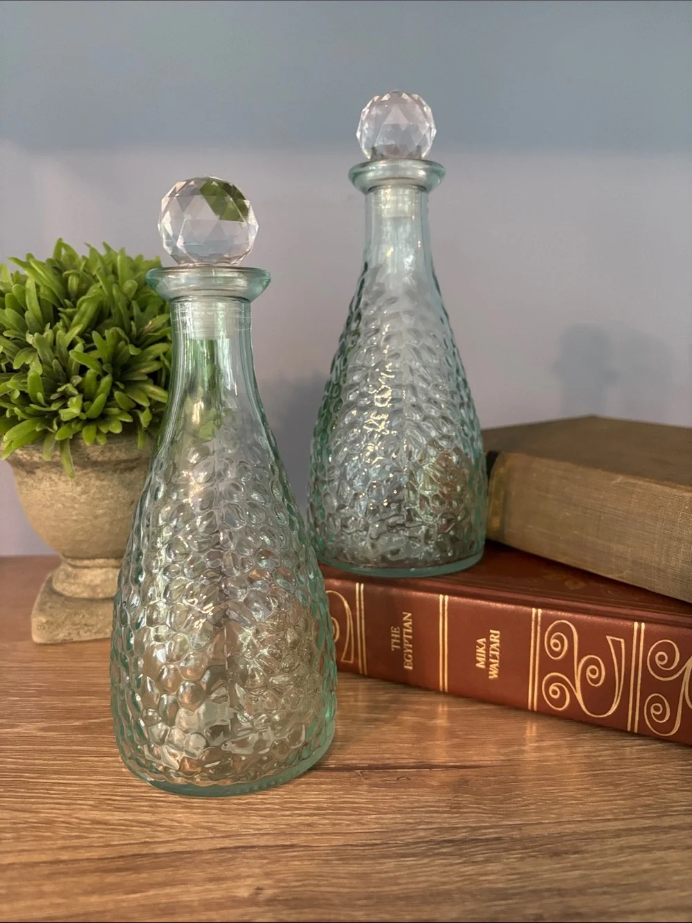 Glass Textured Decanter Bottle with Faceted Stopper - Aqua